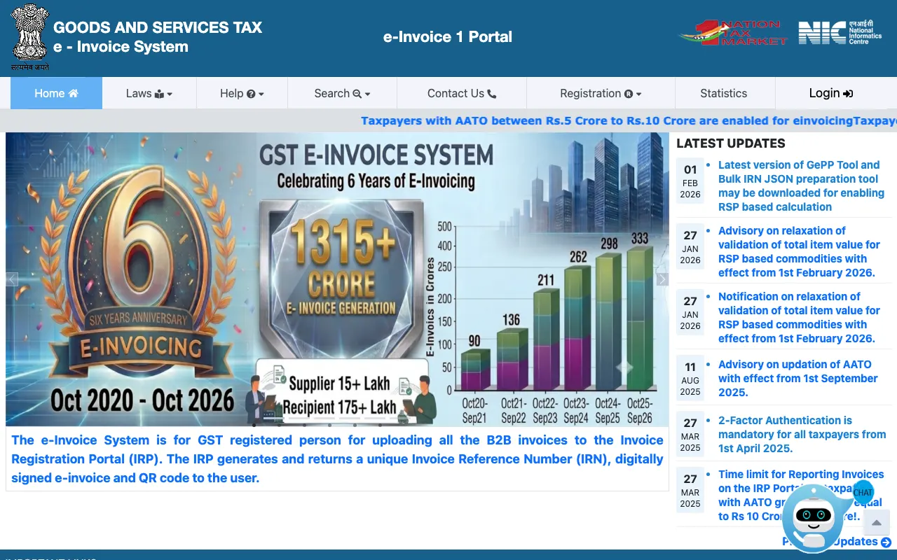 Home page of the NIC e-Invoice System, einvoice1.gst.gov.in, stating that the IRP returns an IRN and QR code for uploaded B2B invoices