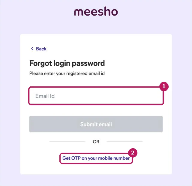 Meesho Forgot login password screen with box 1 on the registered Email Id field and box 2 on the Get OTP on your mobile number link
