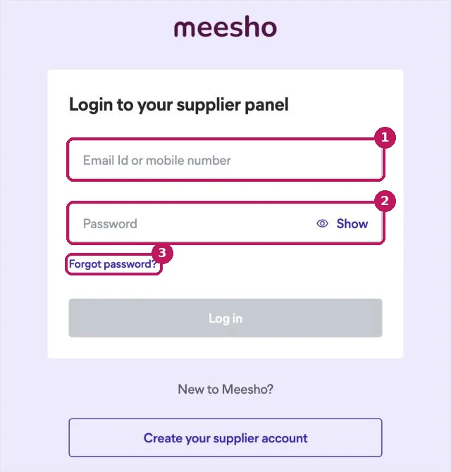 Meesho supplier login screen with box 1 on the Email Id or mobile number field, box 2 on the Password field and box 3 on the Forgot password link