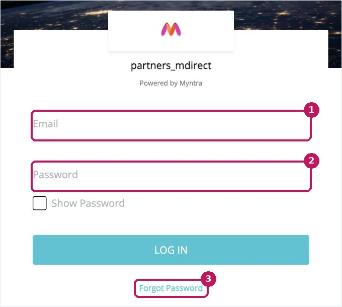 Myntra email sign-in form with box 1 on Email, box 2 on Password and box 3 on the Forgot Password link under the LOG IN button