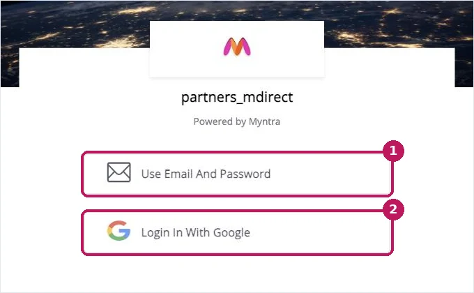 Myntra sign-in page on accounts.myntra.com showing partners_mdirect, with box 1 on Use Email And Password and box 2 on Login In With Google
