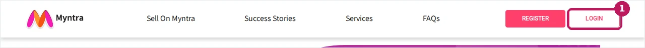 Header of the Myntra partner portal at partners.myntrainfo.com with box 1 on the LOGIN button beside REGISTER