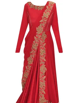 A red embroidered saree gown shot flat against a plain background, the way a seller photographs stock.