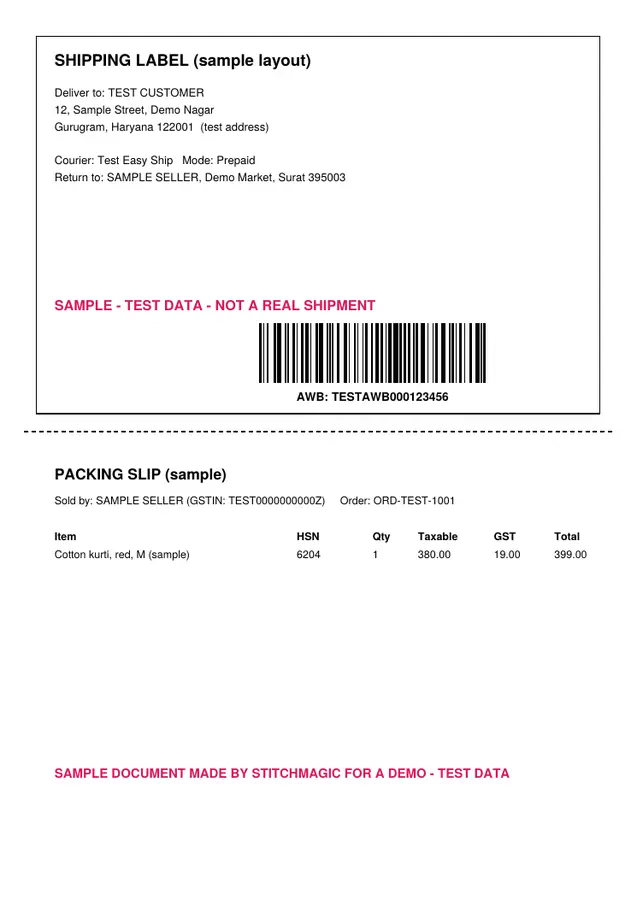 A sample A4 sheet made with test data: shipping label on top, a dotted line, and a sample packing slip below