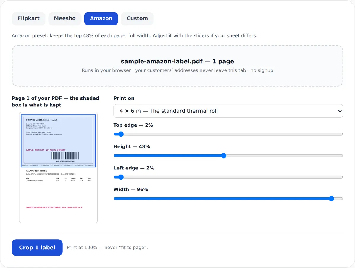 The label cropper with the Amazon preset: page one of a sample test-data PDF with the top 48 per cent shaded, ending at the dotted line above the packing slip