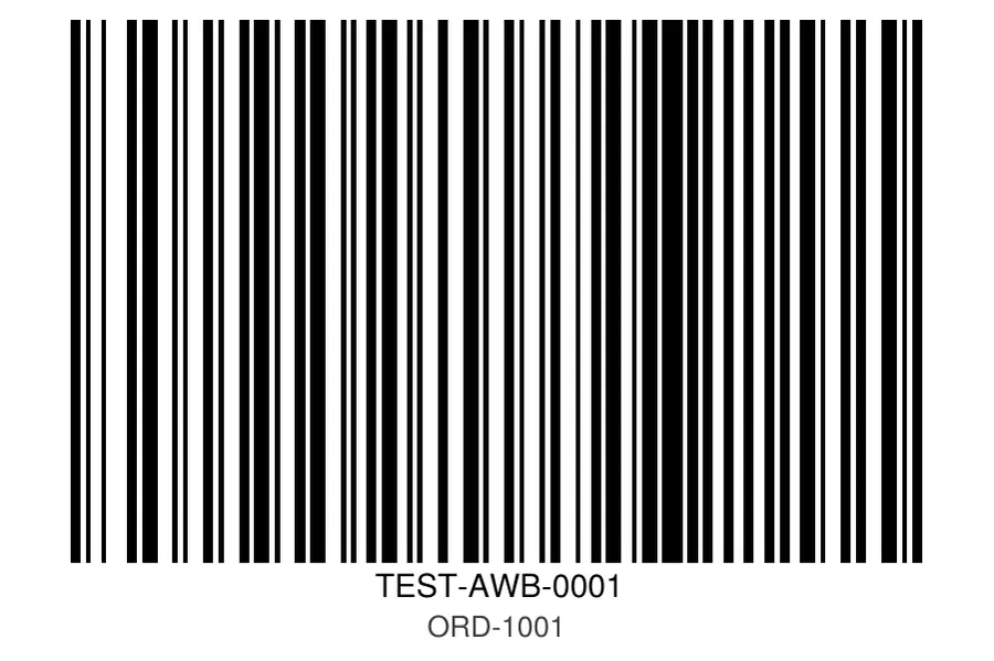 A Code 128 barcode label for the demo value TEST-AWB-0001 with the order ID ORD-1001 printed underneath