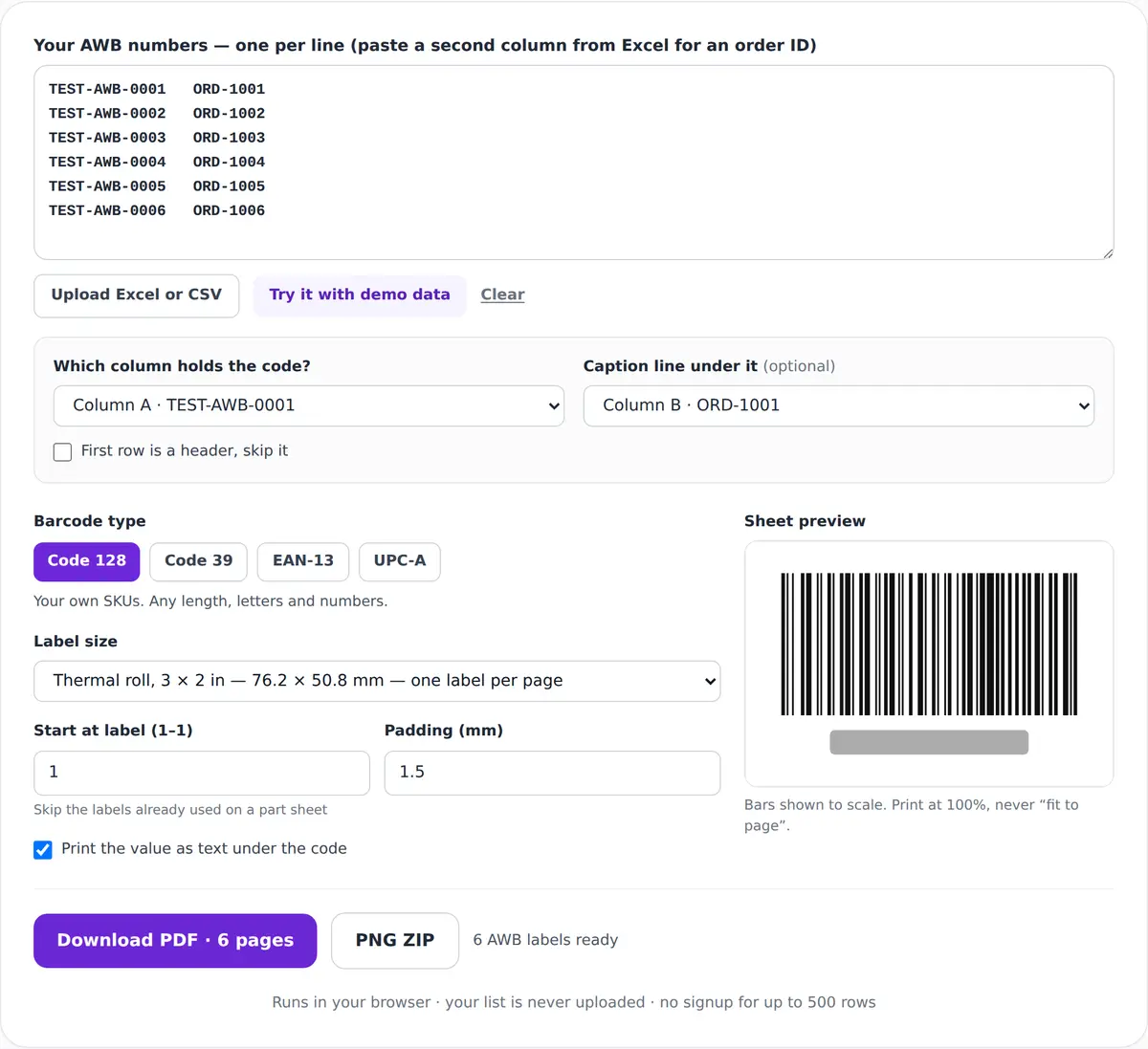 The AWB label generator with six TEST-AWB demo numbers pasted, column A as the code, column B as the caption, the 3 × 2 in thermal preset and a Download PDF button for 6 pages