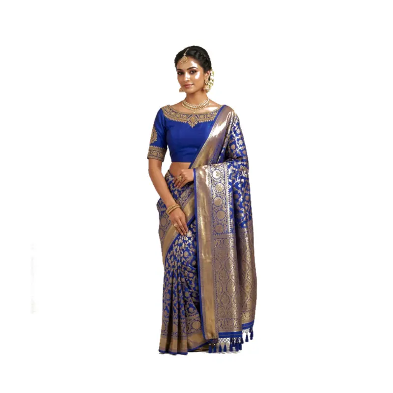 The same saree photo with the grey backdrop cleared to white and the model centred on a white square