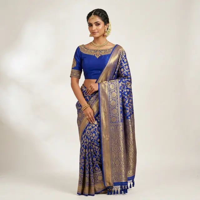 Sample photo of a model in a blue silk saree standing against a plain light-grey studio backdrop, before background removal