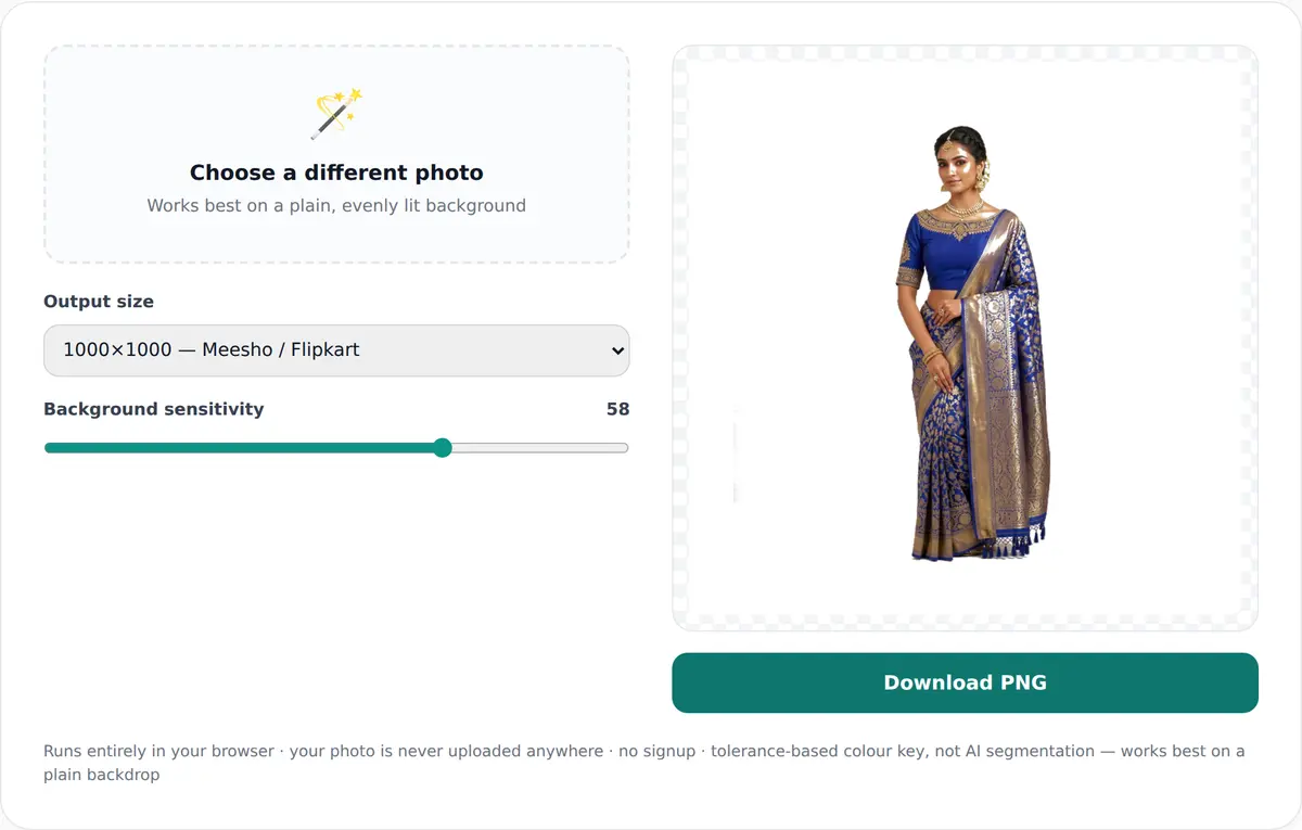 Background remover tool with output size 1000×1000, background sensitivity at 58, the cleared saree preview and a Download PNG button