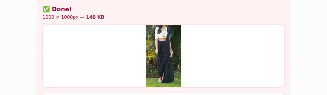Flipkart image resizer with the 1000×1000 preset, a result card reading 1000 × 1000px, 140 KB, and the WhatsApp download step