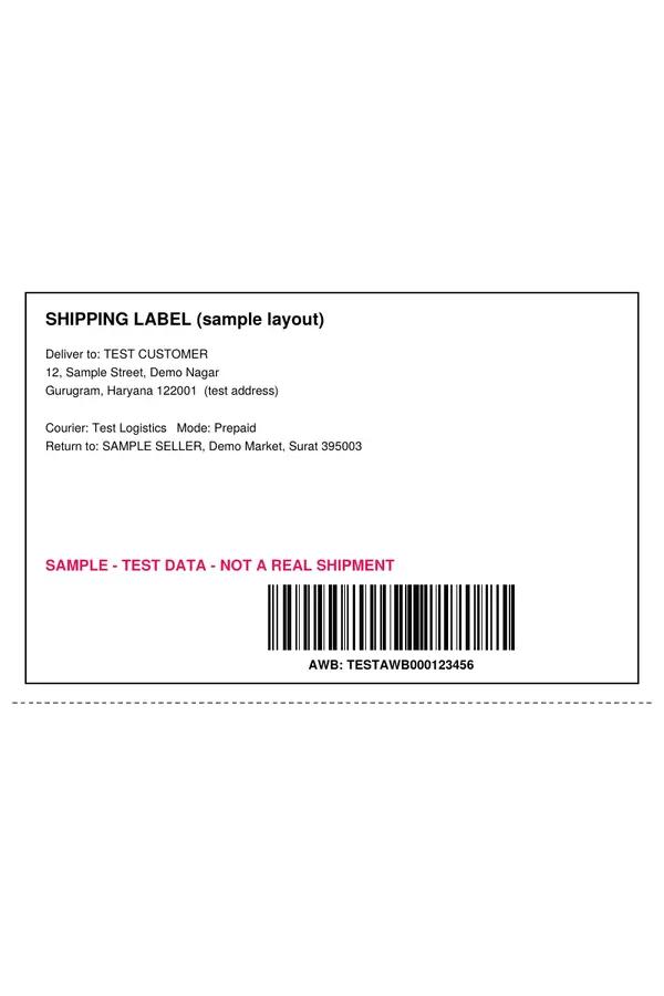 The shipping label from the sample sheet after the 46 per cent crop, on a 4 × 6 inch page with no invoice