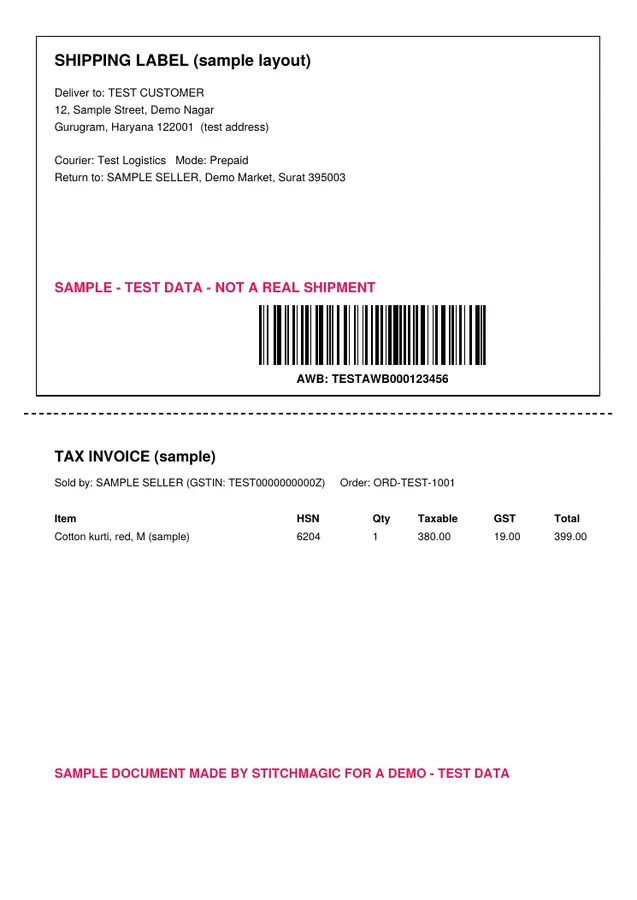 A sample A4 sheet made with test data: shipping label with a test AWB barcode on top, sample tax invoice below a dashed line