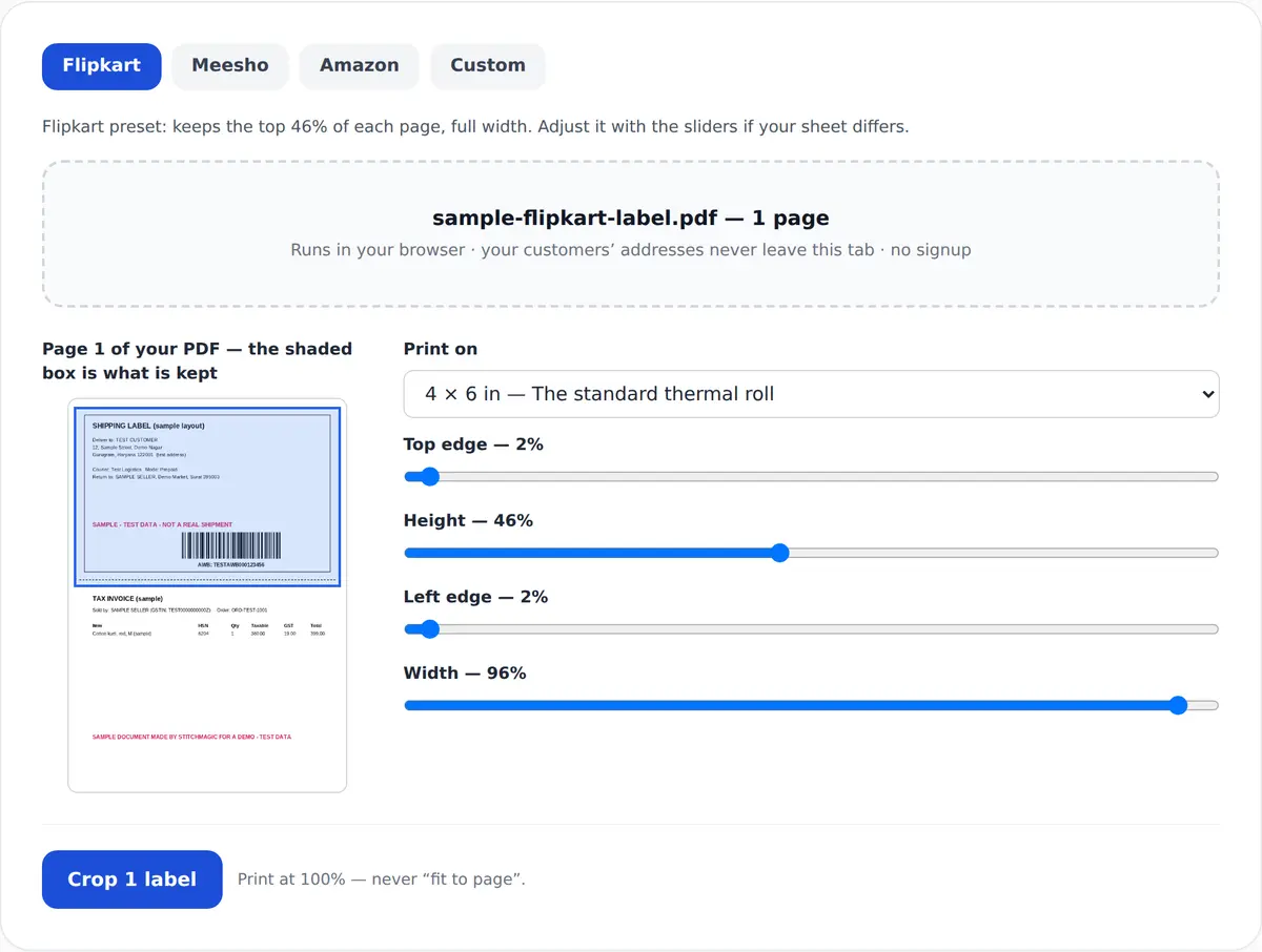 The label cropper with the Flipkart preset: page one of a sample test-data PDF with the top 46 per cent shaded and the Height slider at 46 per cent