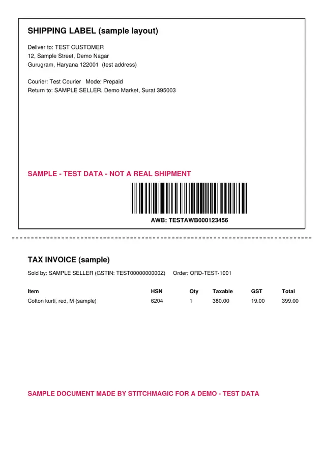 A sample A4 label sheet made with test data, in the Meesho layout: shipping label on top, tax invoice below a dashed line