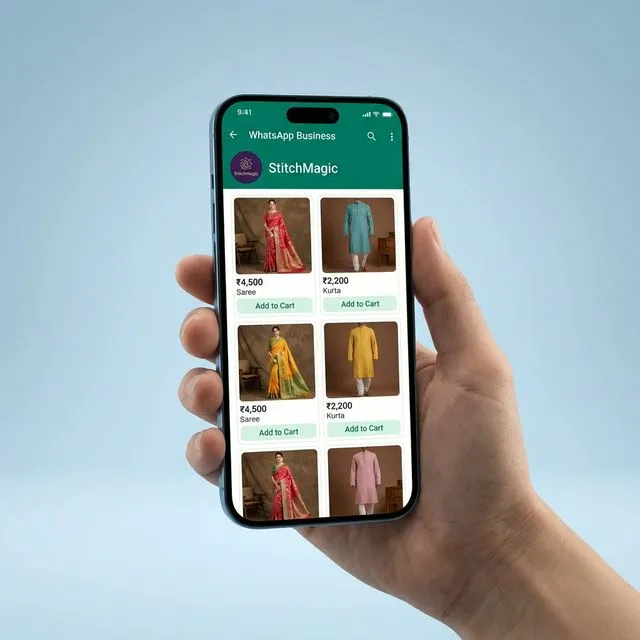 A phone showing a StitchMagic WhatsApp catalog of sarees and kurtas, each product with its price and an add to cart button.
