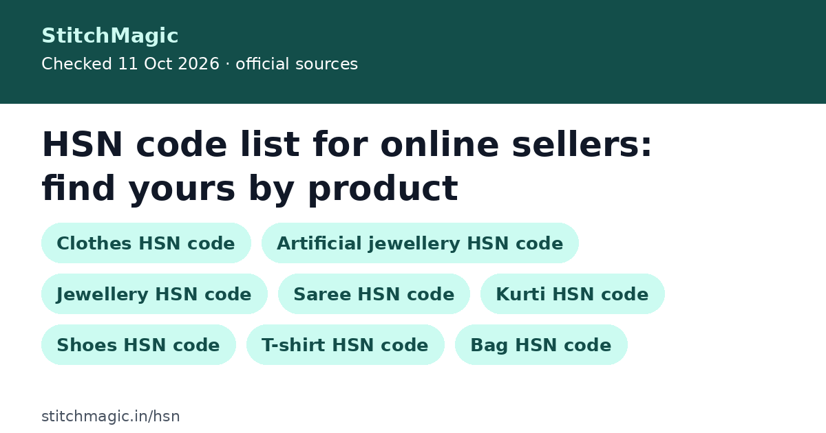 HSN code list for online sellers: find yours by product: summary card from StitchMagic