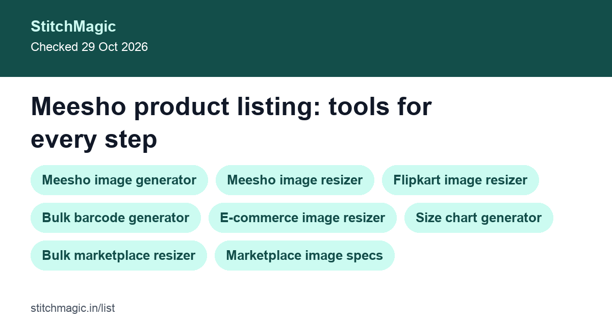Meesho product listing: tools for every step: summary card from StitchMagic
