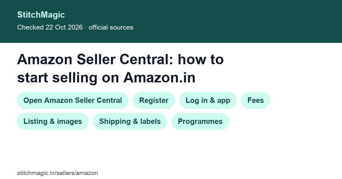 Seller Central Amazon: how to start selling on Amazon.in, summary card from StitchMagic