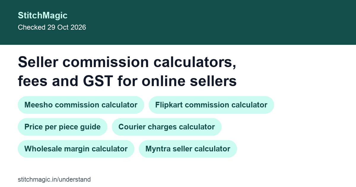Seller commission calculators, fees and GST for online sellers: summary card from StitchMagic